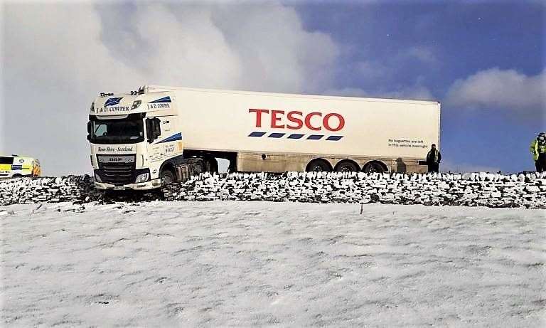 A Tesco lorry jack-knifed and went through a dyke at Latheron this morning. Picture: WJGM