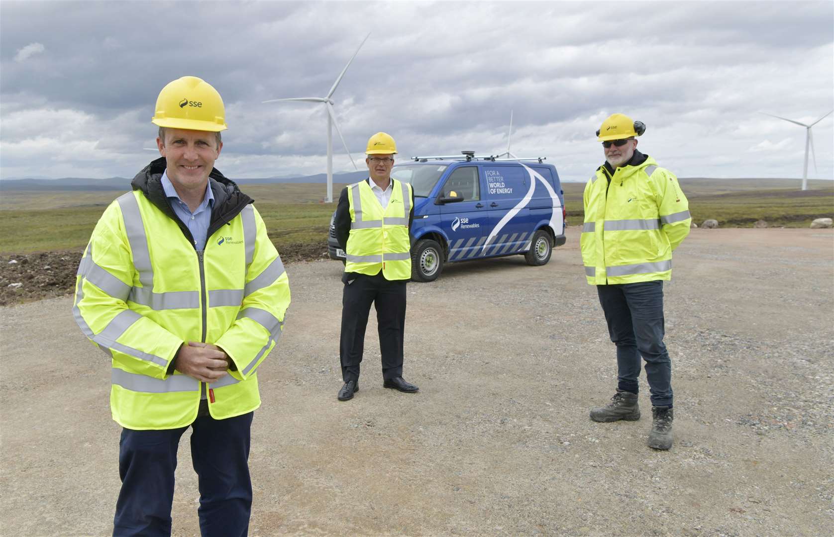 Scotland’s net-zero and energy secretary Michael Matheson (left) at Gordonbush Extension with Gregor Alexander, SSE finance director, and Mike Scott, project manager for SSE Renewables. Picture: Ewen Weatherspoon