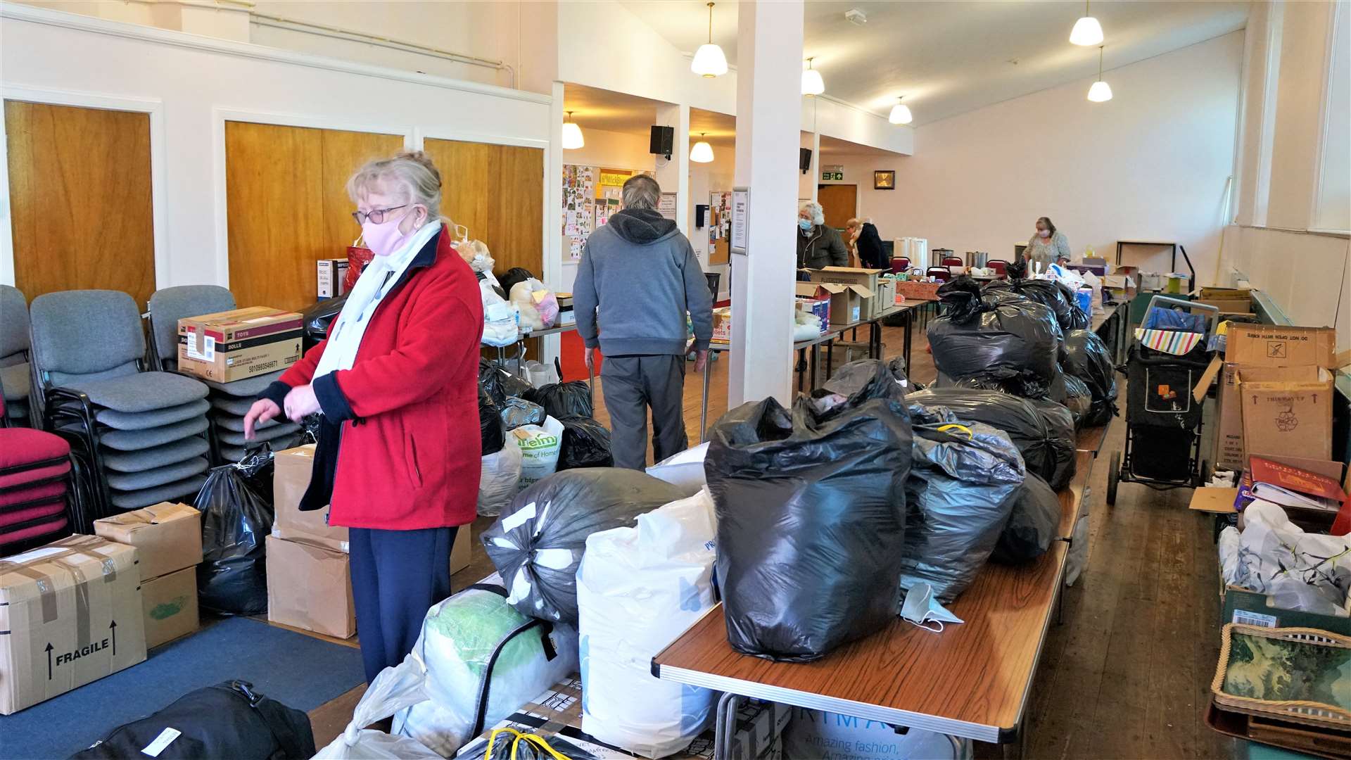 Many bags were taken from Wick Laundry, which was the first port of call for the Ukrainian appeal, and taken to be stored at St Fergus Church. . Picture: DGS