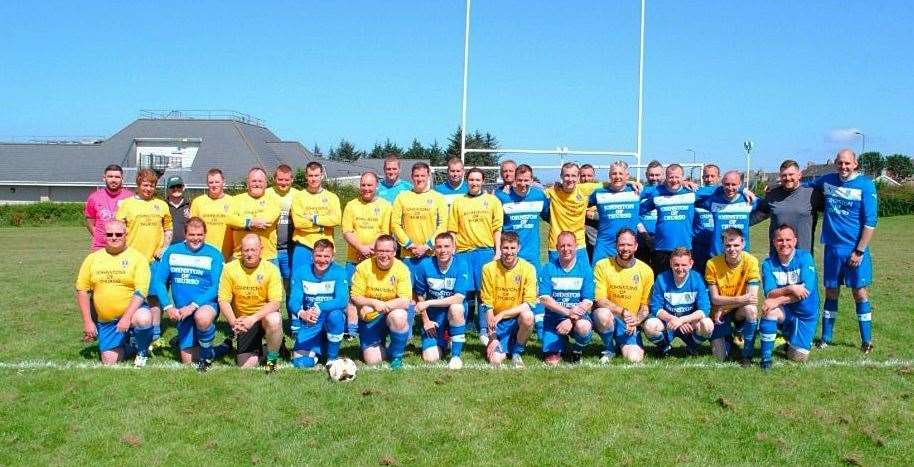 Flashback to last year as the Thurso fire service and RNLI teams line up for their fundraising match at Millbank.