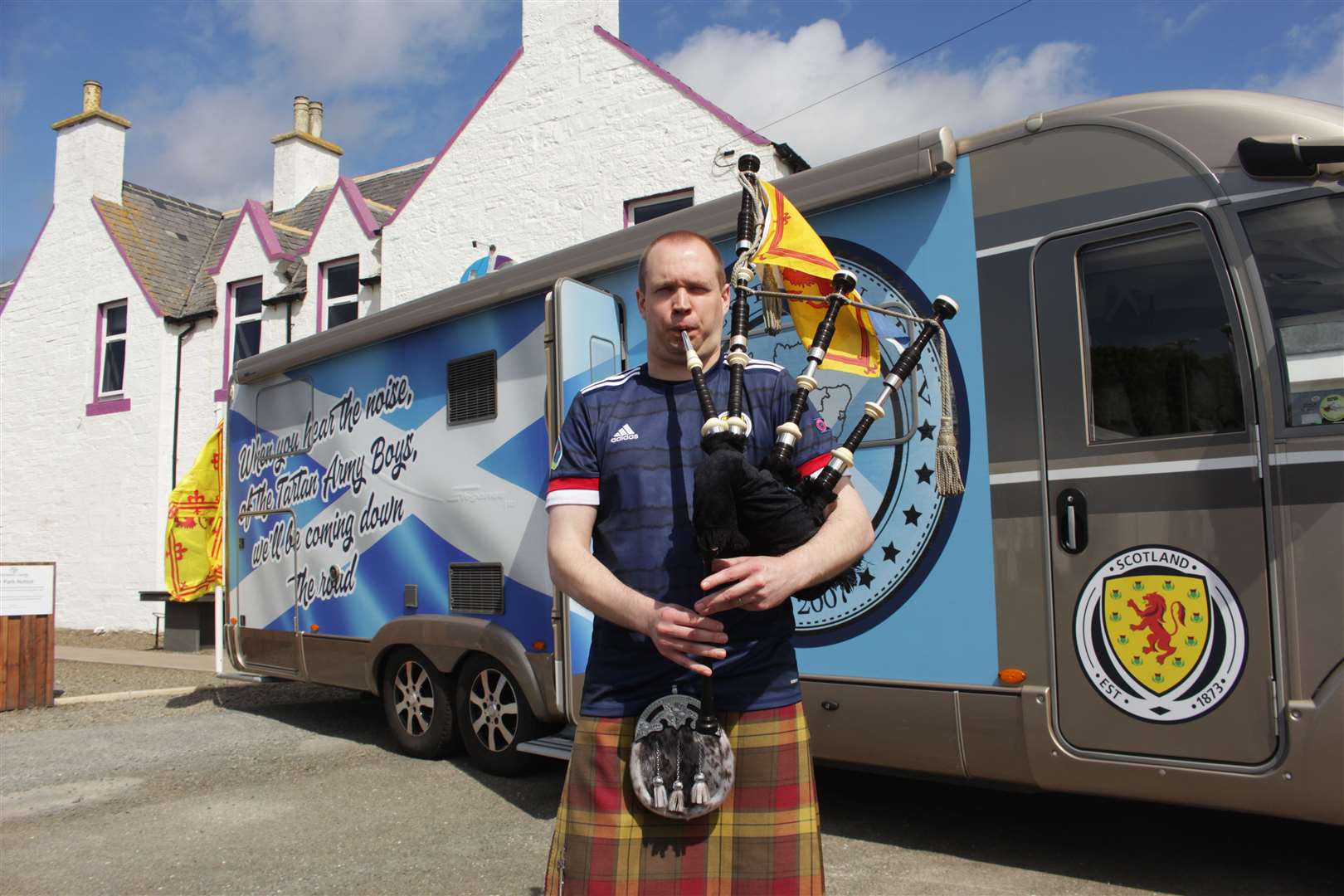 Piper Bob Bell playing outside the Northern Sands Hotel this morning. He was in primary school the last time Scotland qualified for the finals of a major tournament. Picture: Alan Hendry