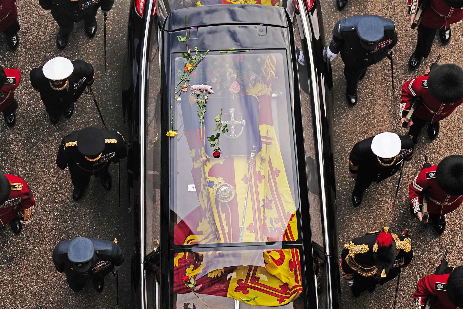 Flowers on the hearse carrying the coffin of the Queen (Aaron Chown/PA)