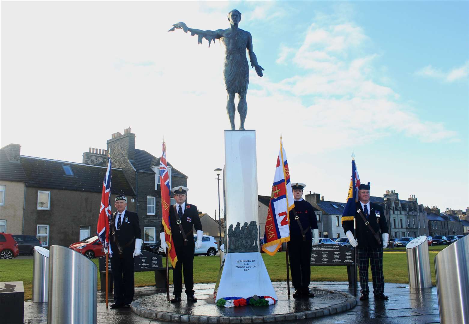 Standard-bearers gather in front of the Seafarers Memorial for the ceremony on Remembrance Sunday. Picture: Alan Hendry