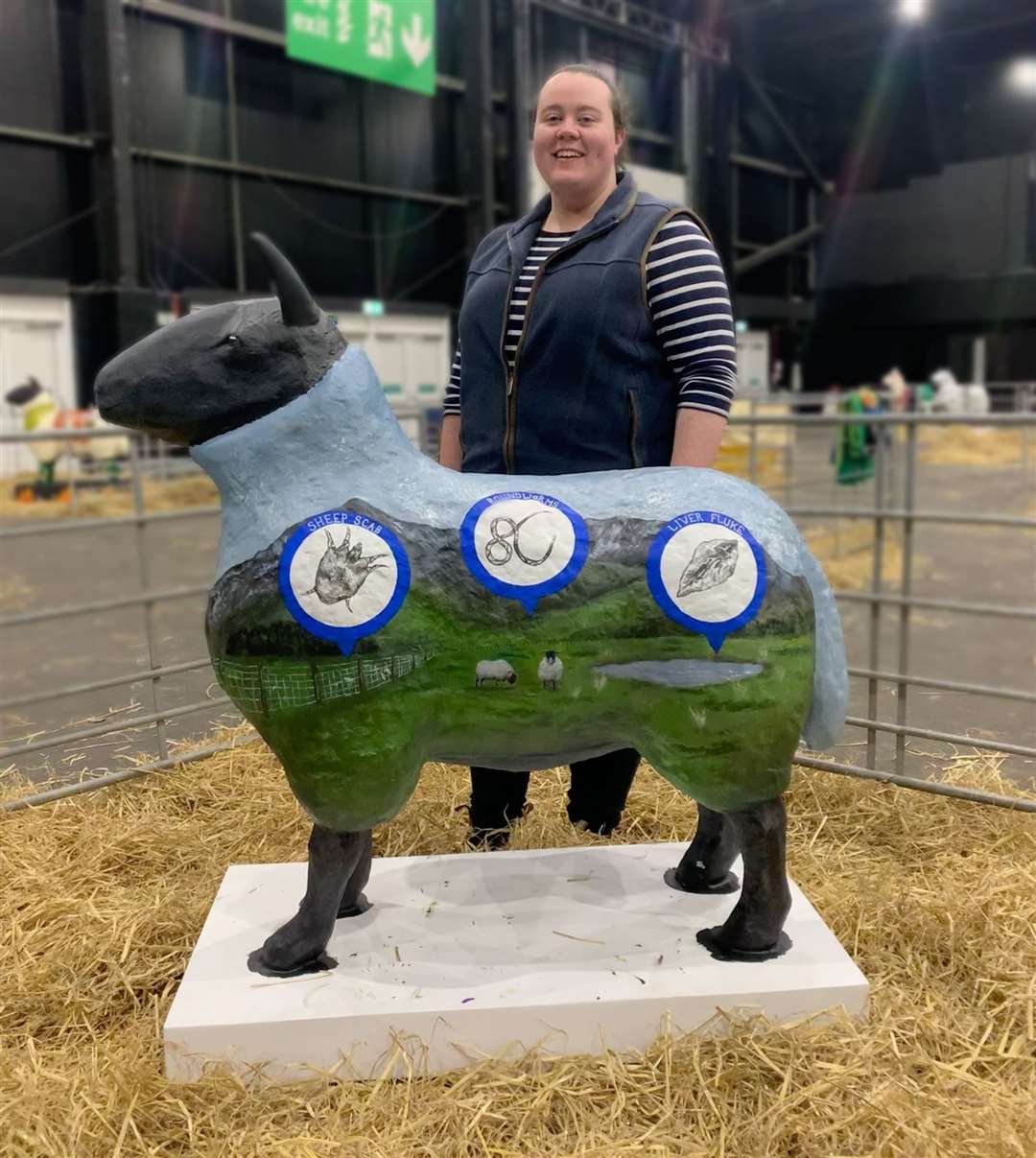 Eilidh Geddes with her sheep at Quoybrae mart. The design was inspired by her research into parasite control.