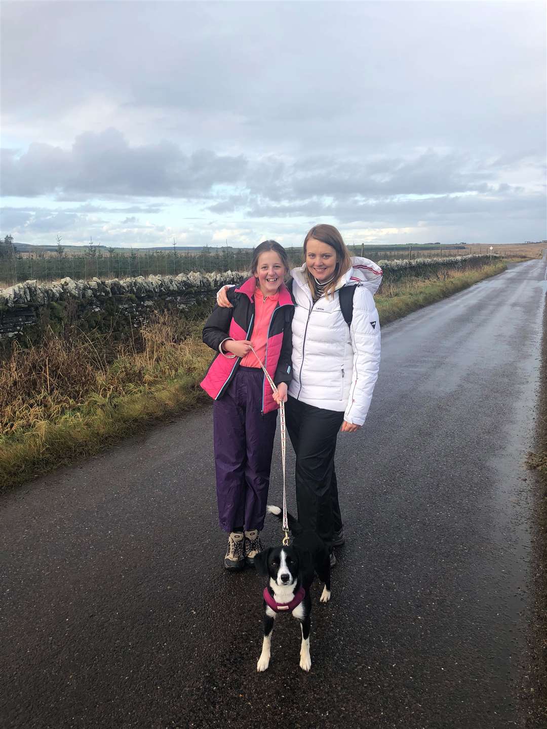Catriona, her mum Elizabeth and Honey the dog on their fundraising walk.
