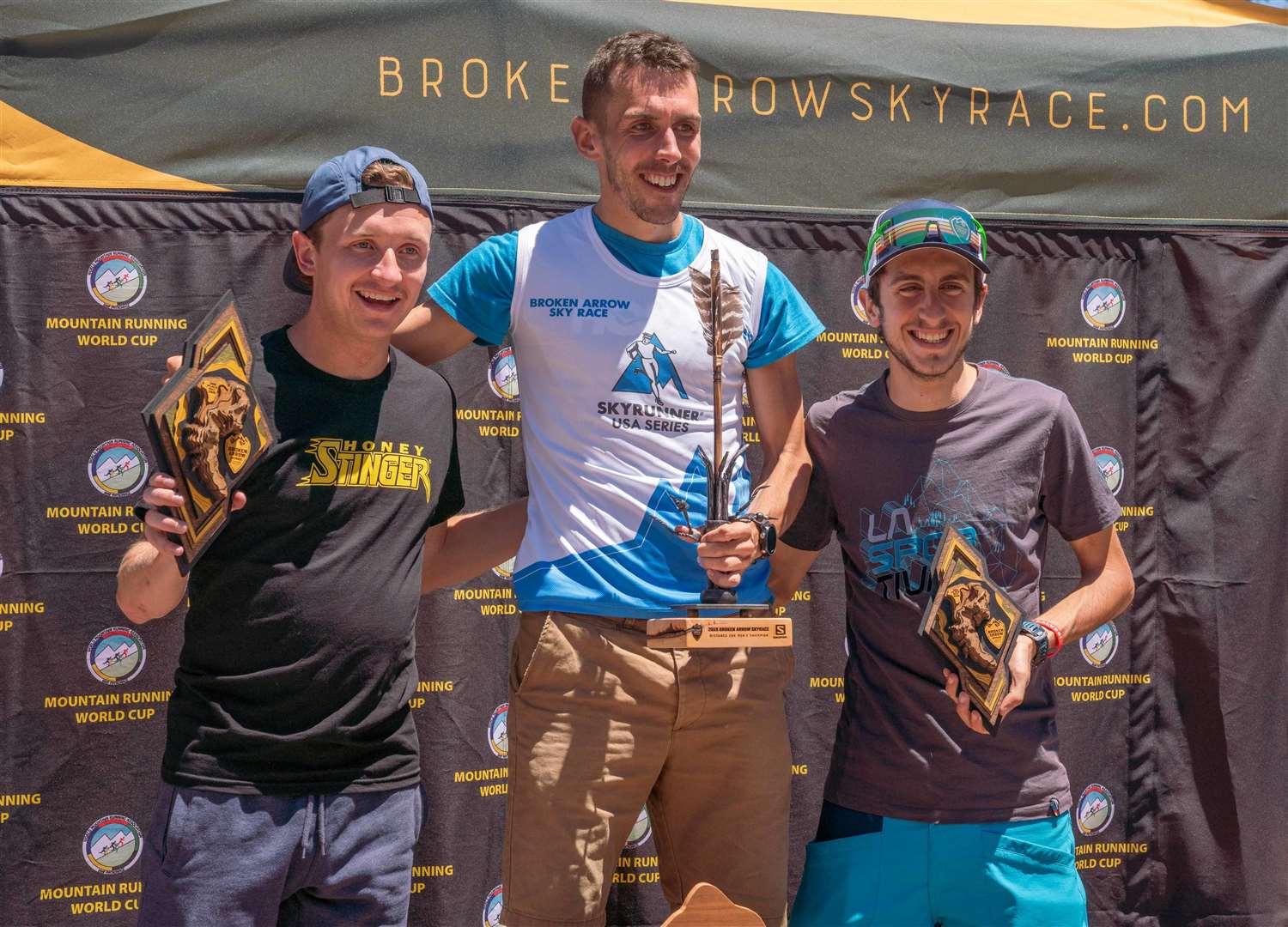 Halkirk athlete, Andrew Douglas, won the Broken Arrow Skyrace 26km – his second win in as many races in this year's Mountain Running World Cup Series – in a time of 1hr 56min 31secs. Second place went to Sam Sahli (left) of the United States who crossed the line in 2hr 6min 18secs with Italy's Henri Aymonod (right) finishing third in 2hr 8min 3secs. Picture: Broken Arrow Skyrace/Myke Hermsmeyer.