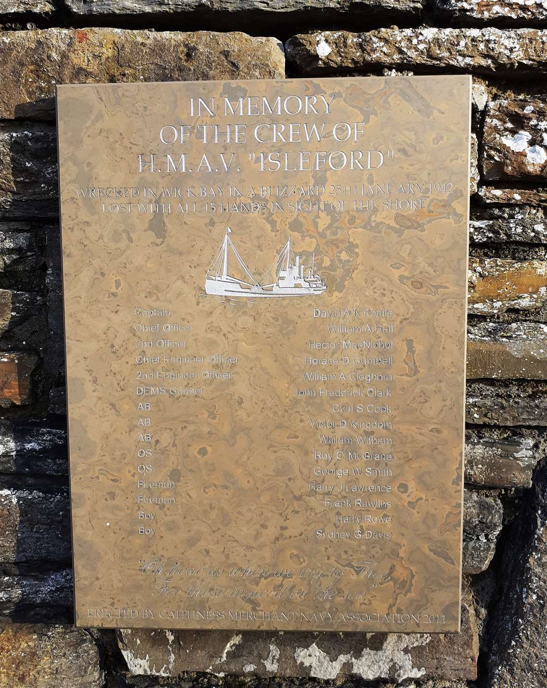 The Isleford commemorative plaque at Kirkhill, Wick.