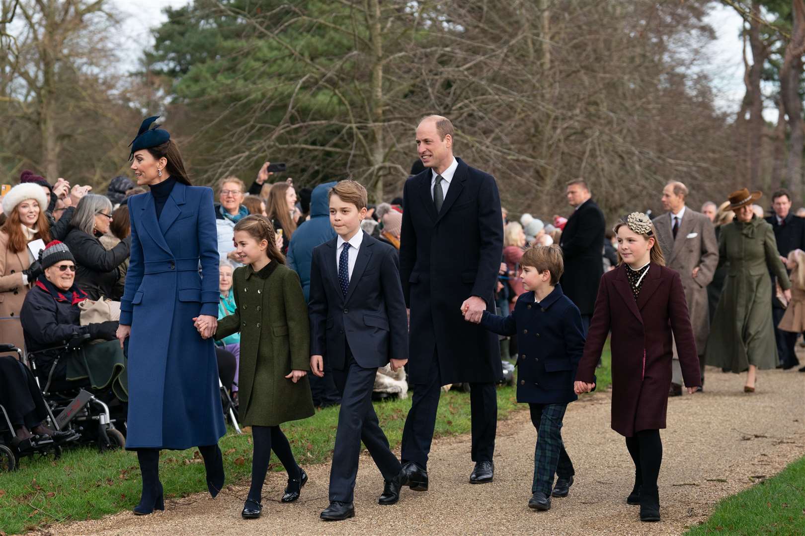 The Princess of Wales, Princess Charlotte, Prince George, the Prince of Wales, Prince Louis and Mia Tindall (Joe Giddens/PA)
