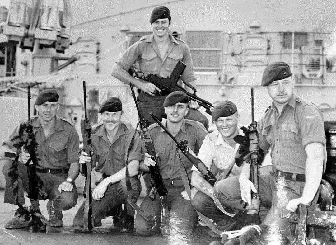 Ronnie (front middle) poses for a snap along with fellow marine commandos just before going into battle at San Carlos during the Falklands War.