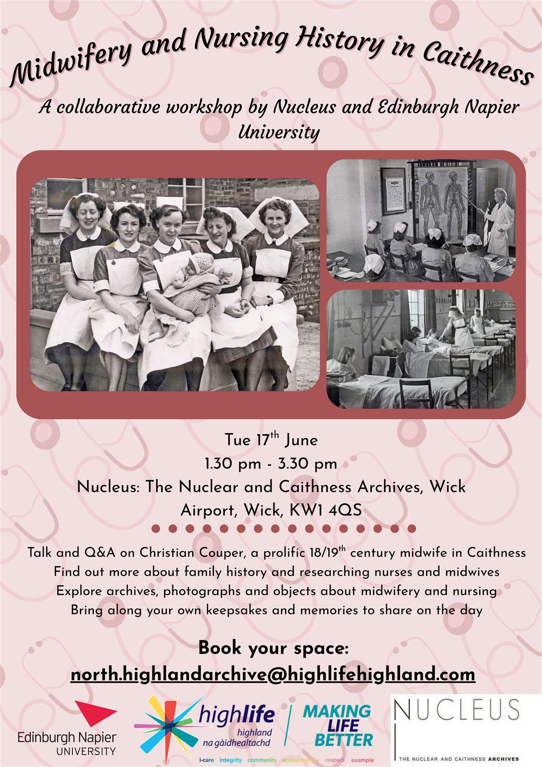 Poster for Midwifery and Nursing History in Caithness, taking place at Nucleus on Tuesday, June 17.