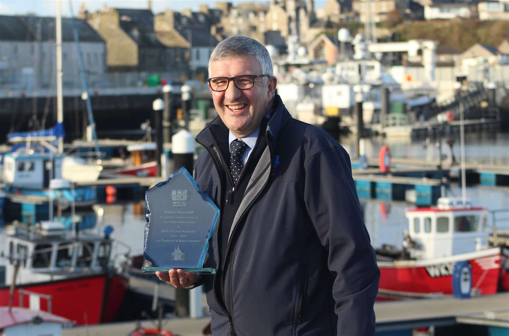 Willie Watt said he was overwhelmed with the presentation marking his 15 years on Wick Harbour Authority, most of that time as chairman. Picture: Alan Hendry