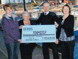 Mission superintendent Colin Mackay accepts a cheque for £1032, on behalf of the Royal National Mission to Deep Sea Fishermen, from Doreen Bremner’s daughters Alison Bremner (left) and Frances Bannerman (right), and Bertha McGill, chairwoman of Scrabster