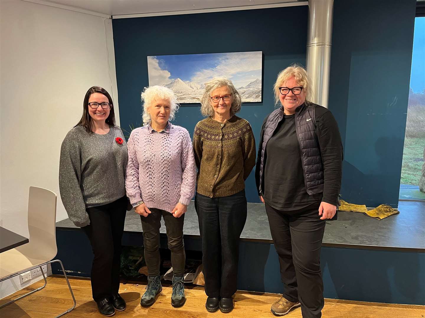 Hub and membership coordinator Marion Reid (left) and project manager Joan Lawrie (right) with Anne MacLennan and Dorothy Jackson of Skye Climate Action.