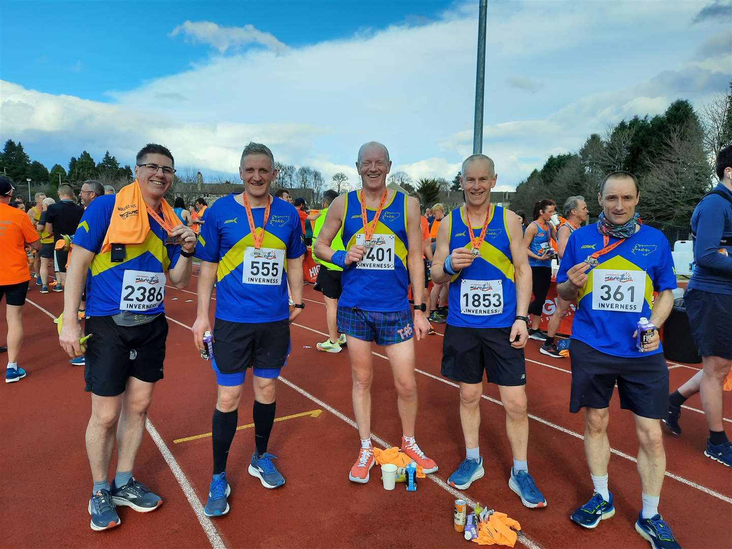 North Highland Harriers members at the end of the 2022 Inverness Half Marathon on Sunday (from left) David Whitelaw, Wick; David MacDonald, Thurso; James Kelman, Reiss; John Budge, Staxigoe; and Paul MacDonald, Wick. Picture: John Davidson