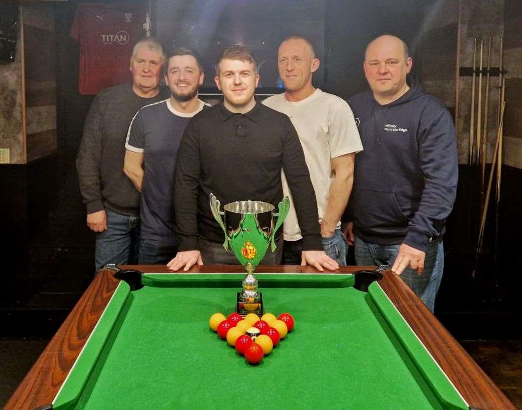 From left: Village Inn players William Ronaldson, Jordan Tait, Greg Simpson (captain), James Ross and Alan Johnston with the Wick and District Pool League second division trophy.