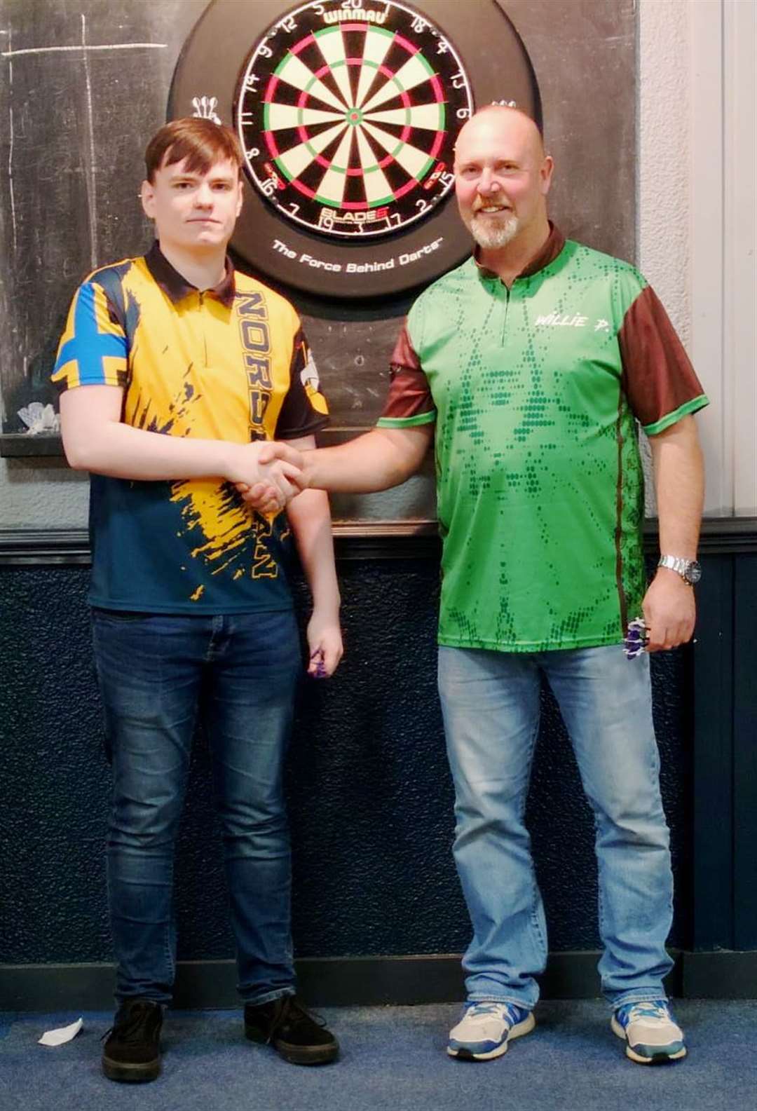 Willie Plank of Castletown Poachers (right) beat Aidan Sutherland of the Norseman 3-1 in the Division One final of Wick and District Darts League's annual singles.