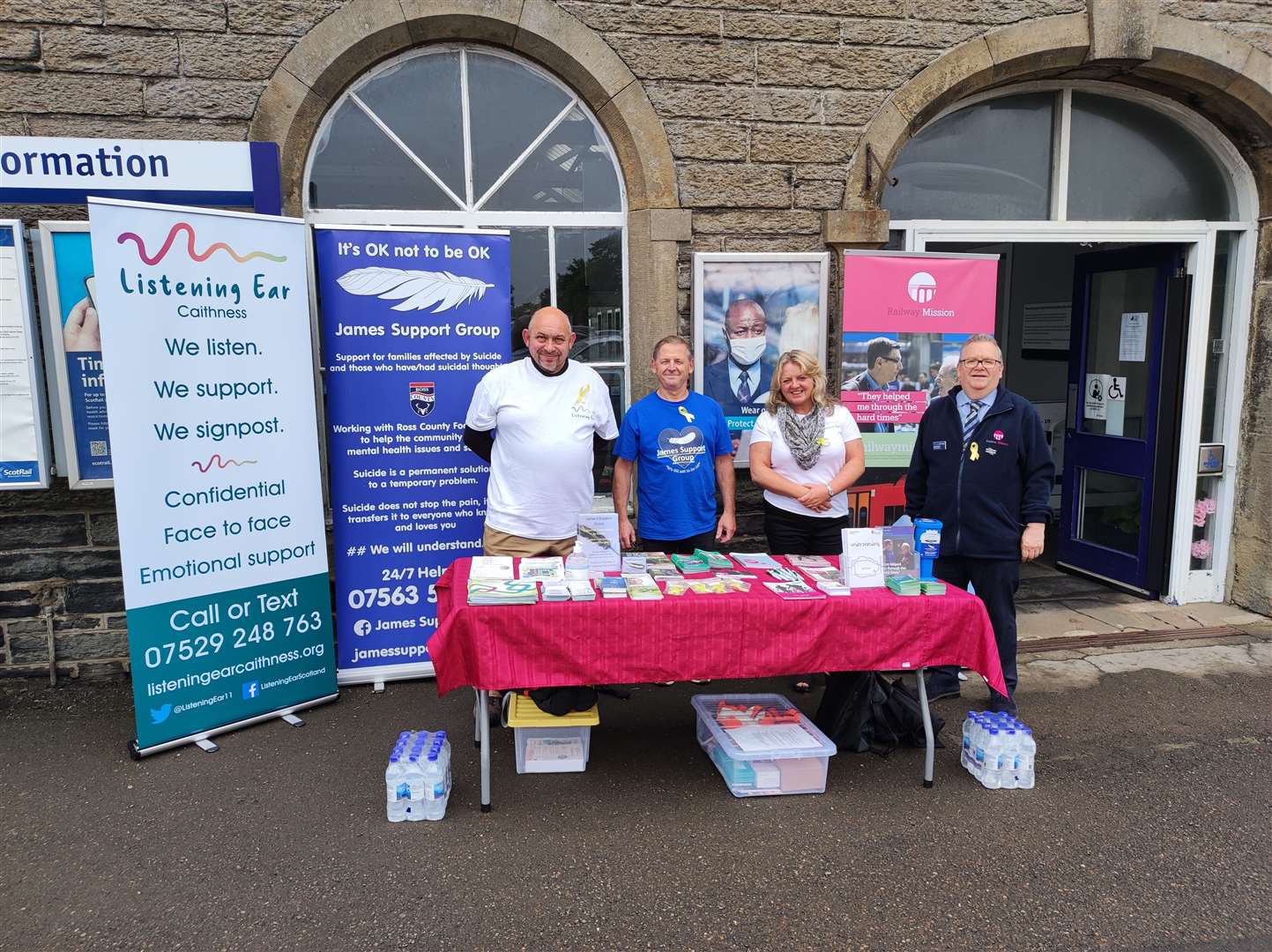 Volunteers (from left) Dave Snashall, Pat Mullery, Ruth McBean and Dereck Grant at the pop up stall in Wick.
