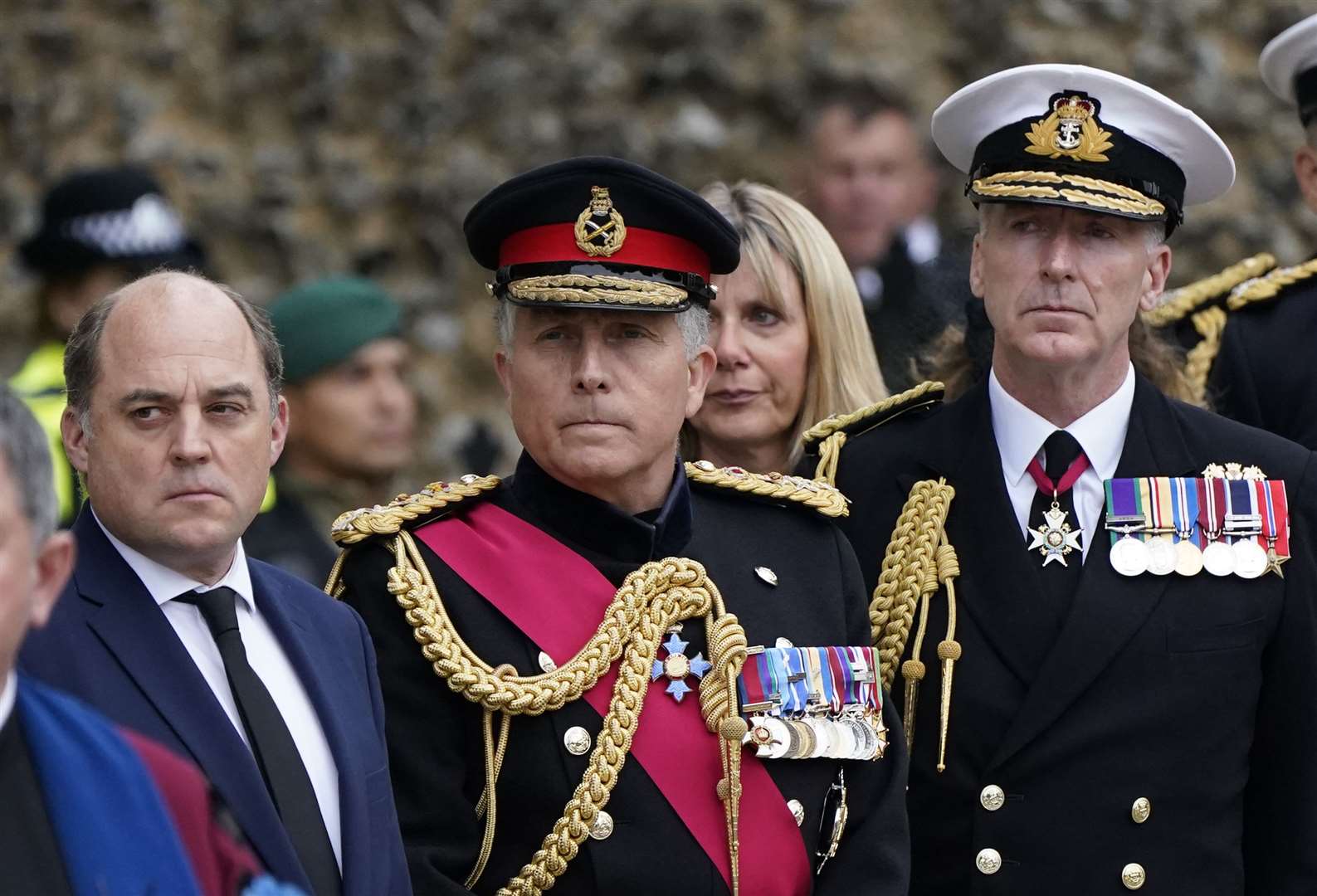 (L to R) Defence Secretary Ben Wallace, Chief of the Defence Staff General Sir Nick Carter and First Sea Lord and Chief of the Naval Staff Admiral Sir Tony Radakin attended the funeral (Andrew Matthews/PA)