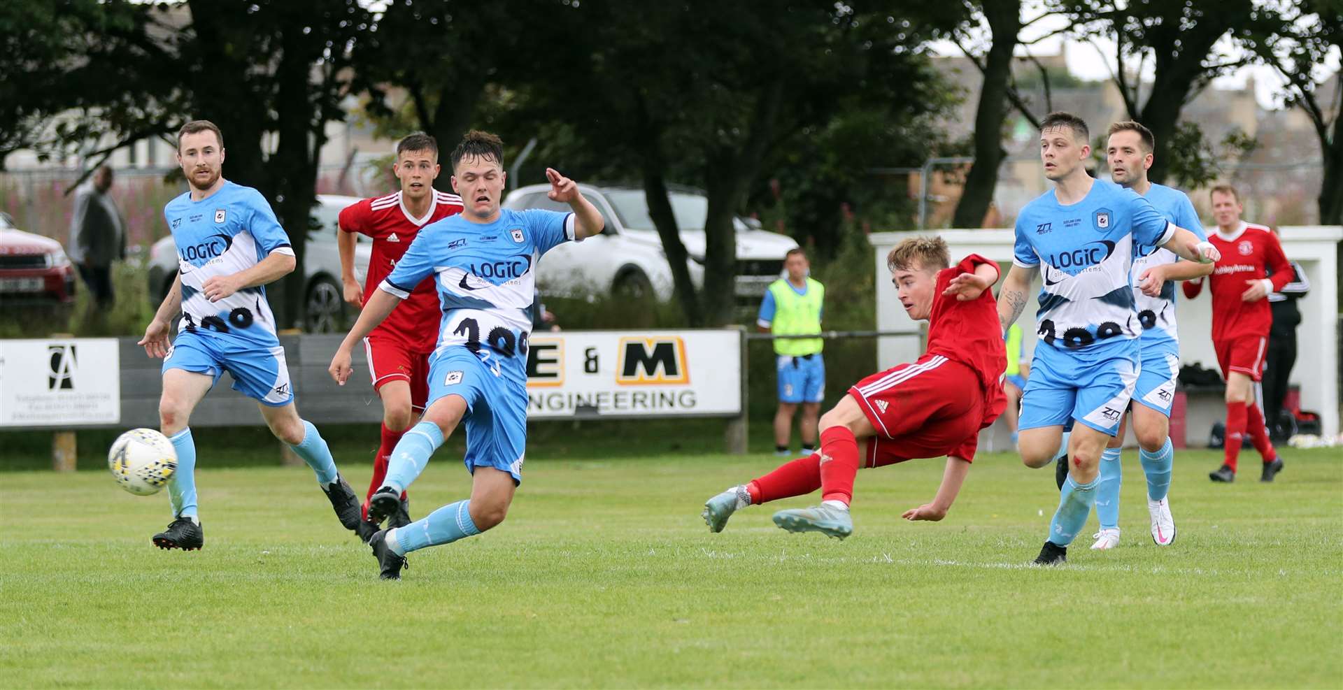 Thurso winger Cameron Montgomery fires a shot at goal during Saturday's defeat to Loch Ness. Picture: James Gunn