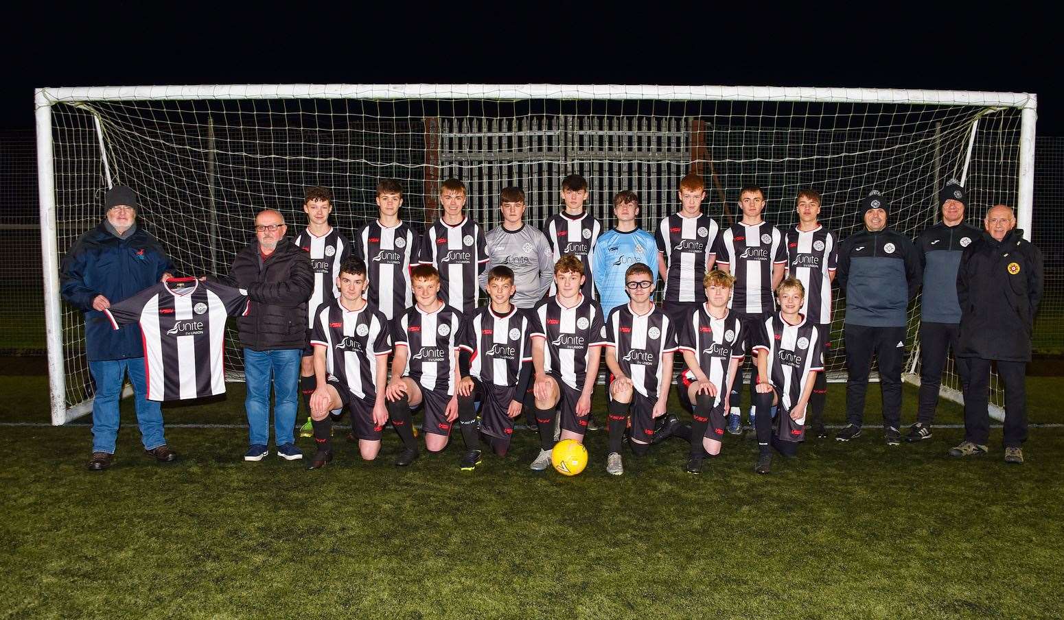 All three of Caithness United's age groups have received new strips that match those worn by Wick Academy's first team, sponsored by Unite the Union.