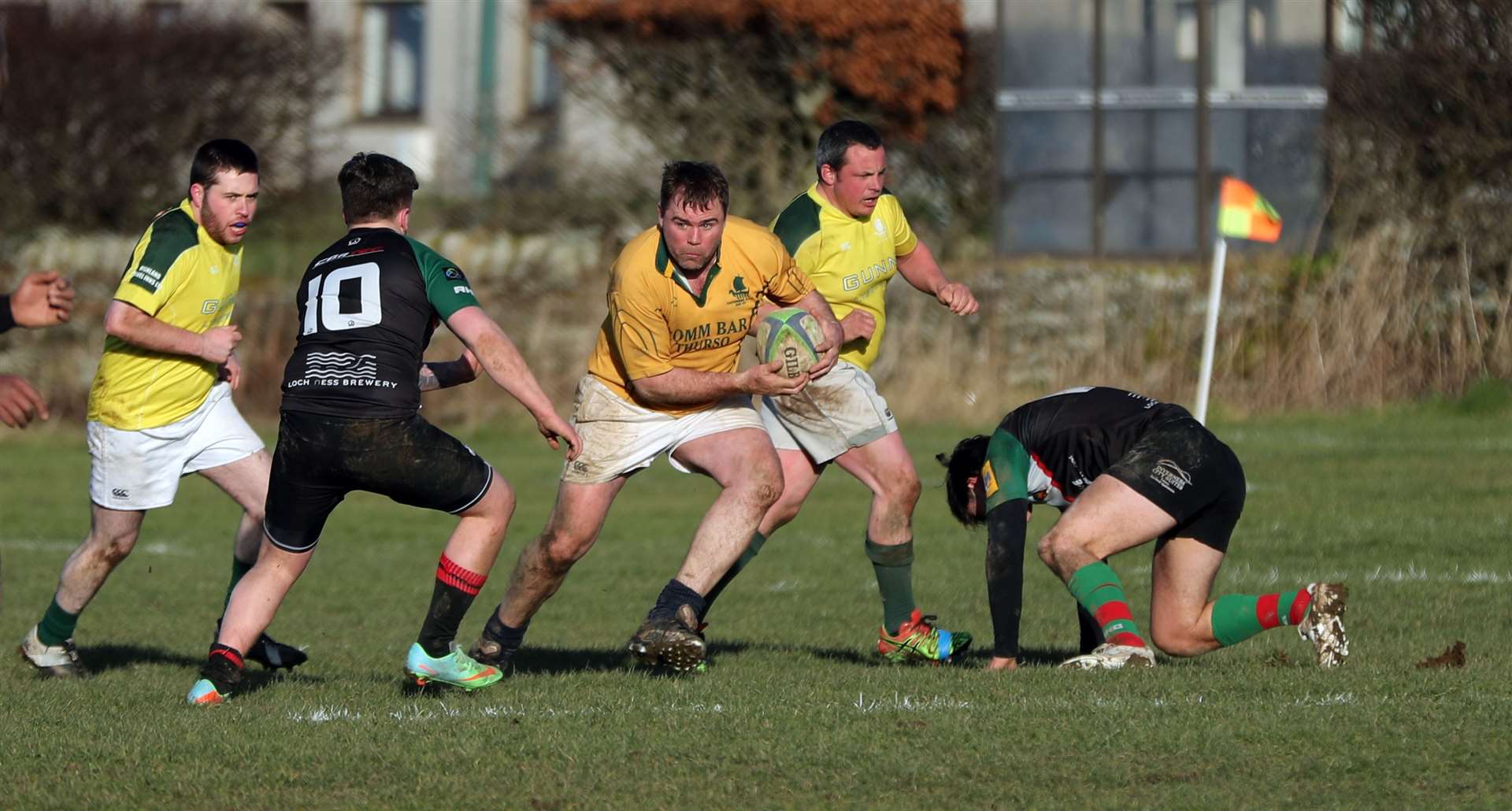 George Sutherland tries to get past No. 10 Rhuairidh Cameron during Caithness 2nds' win against Highland 3rd XV in Caledonia League 4. Picture: James Gunn