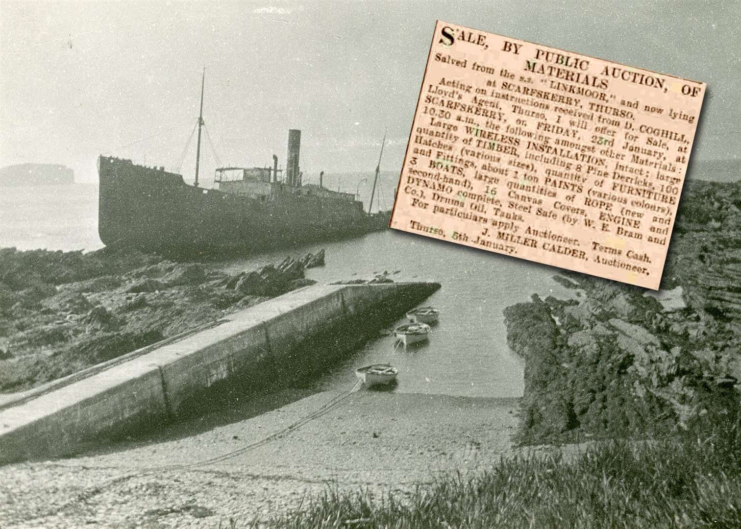The Linkmoor beached at Scarfskerry Harbour with (inset) the salvage sales advert.