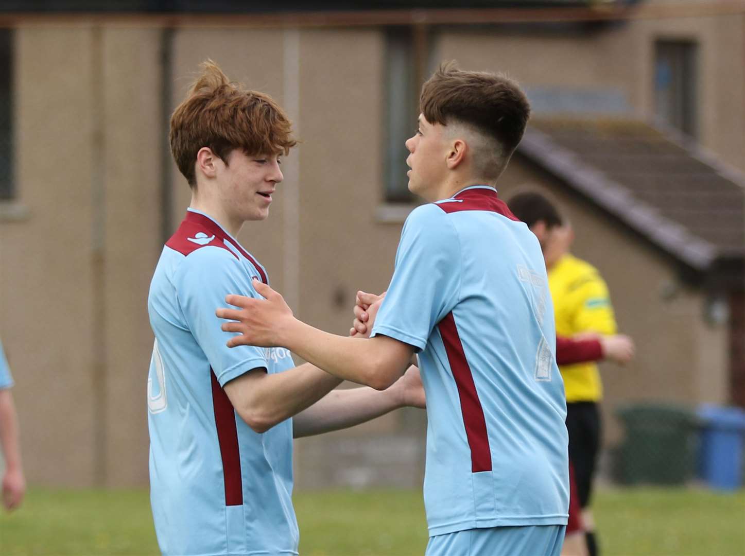 Owen Bain (right) is congratulated by Josh Sutherland after scoring Pentland United's fourth goal against Top Joe's. Picture: James Gunn