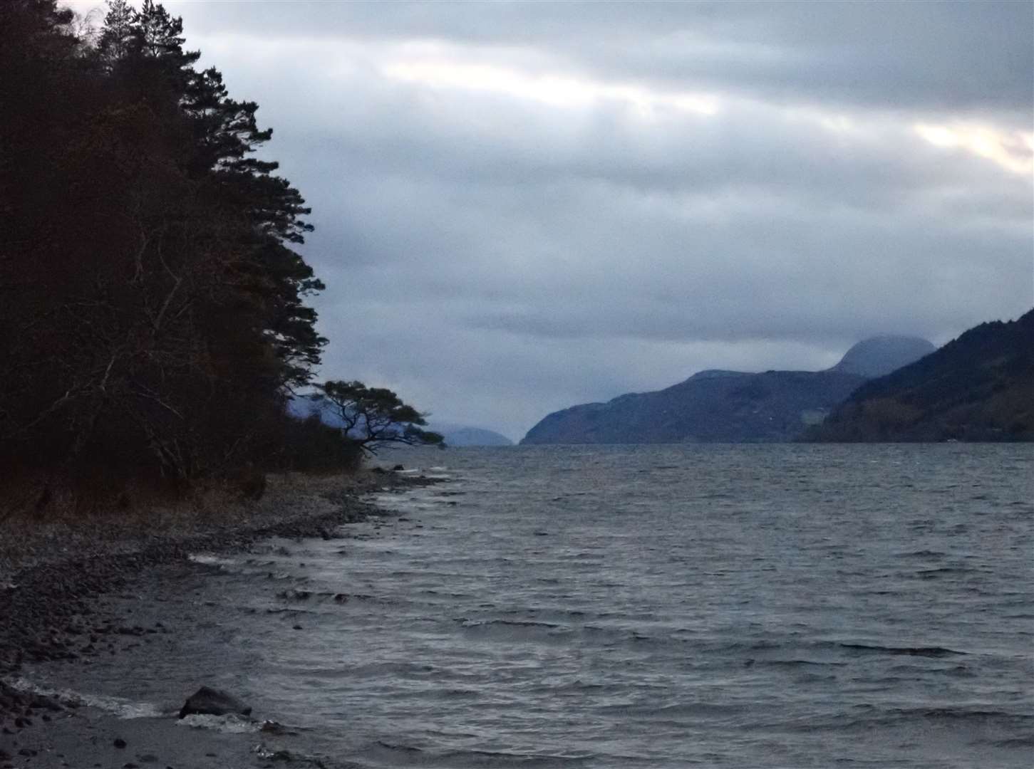 View down Loch Ness to the prominent hill of Meall Fuar-mhonaidh.