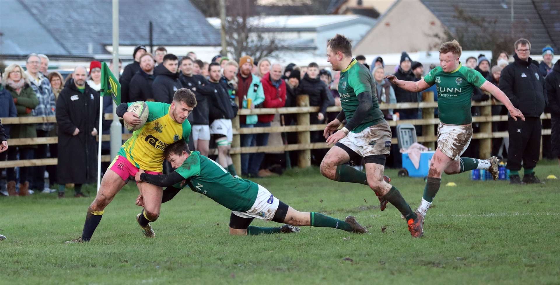 The Greens were beaten 31-5 by the Exiles in the traditional Boxing Day clash at Millbank. Here, Scott Webster tackles Stuart Kirk. Picture: James Gunn