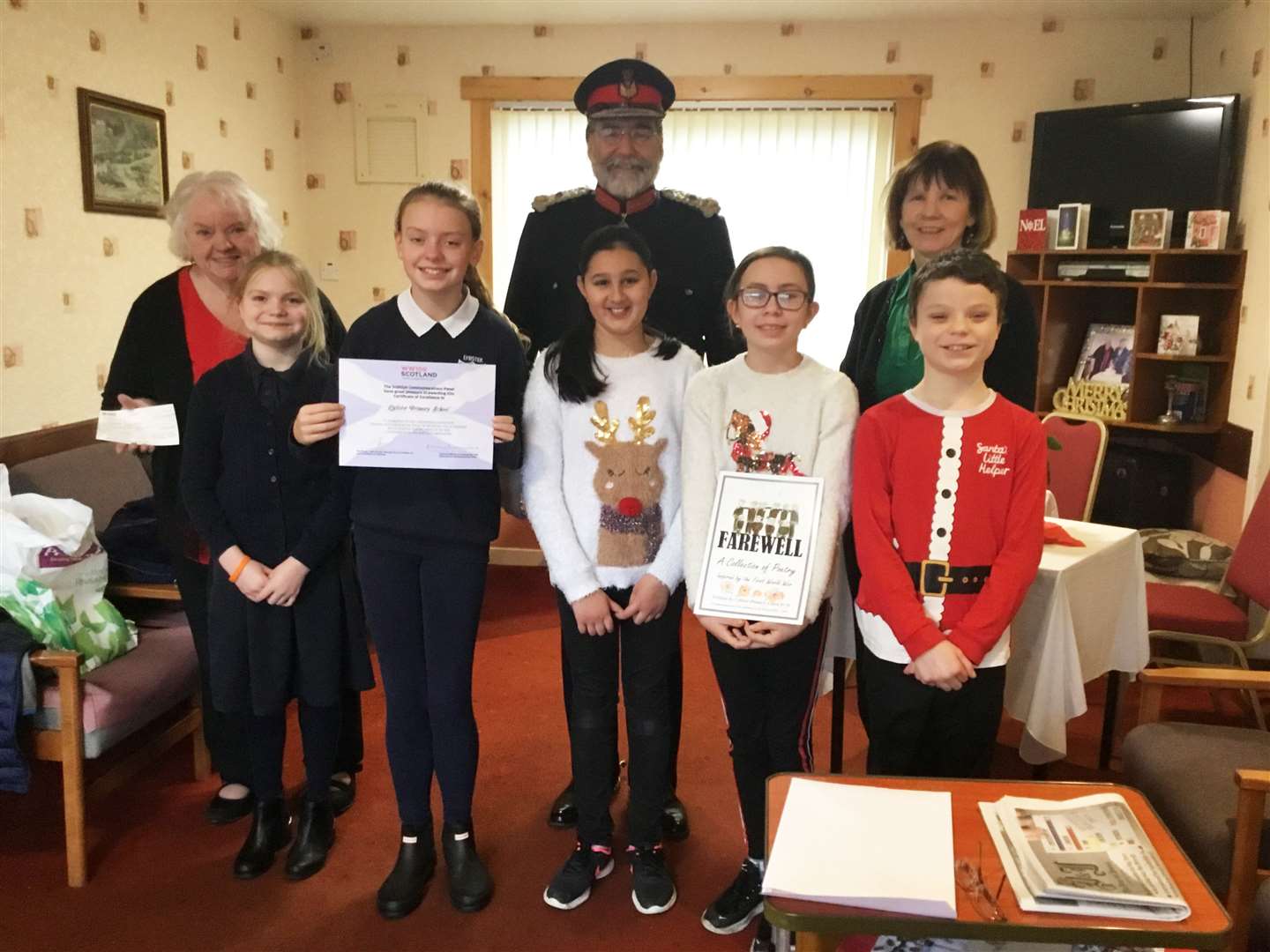 Back row: Chrissie Polson, vice-chairperson at the Lybster Centre; Lord-Lieutenant John Thurso; and Carol Grant, head teacher. In front are pupils Blythe Bullen, Kirsty Young, Saffiya Amin, Charlotte Garrett-Atkins and Tristan Stuart.