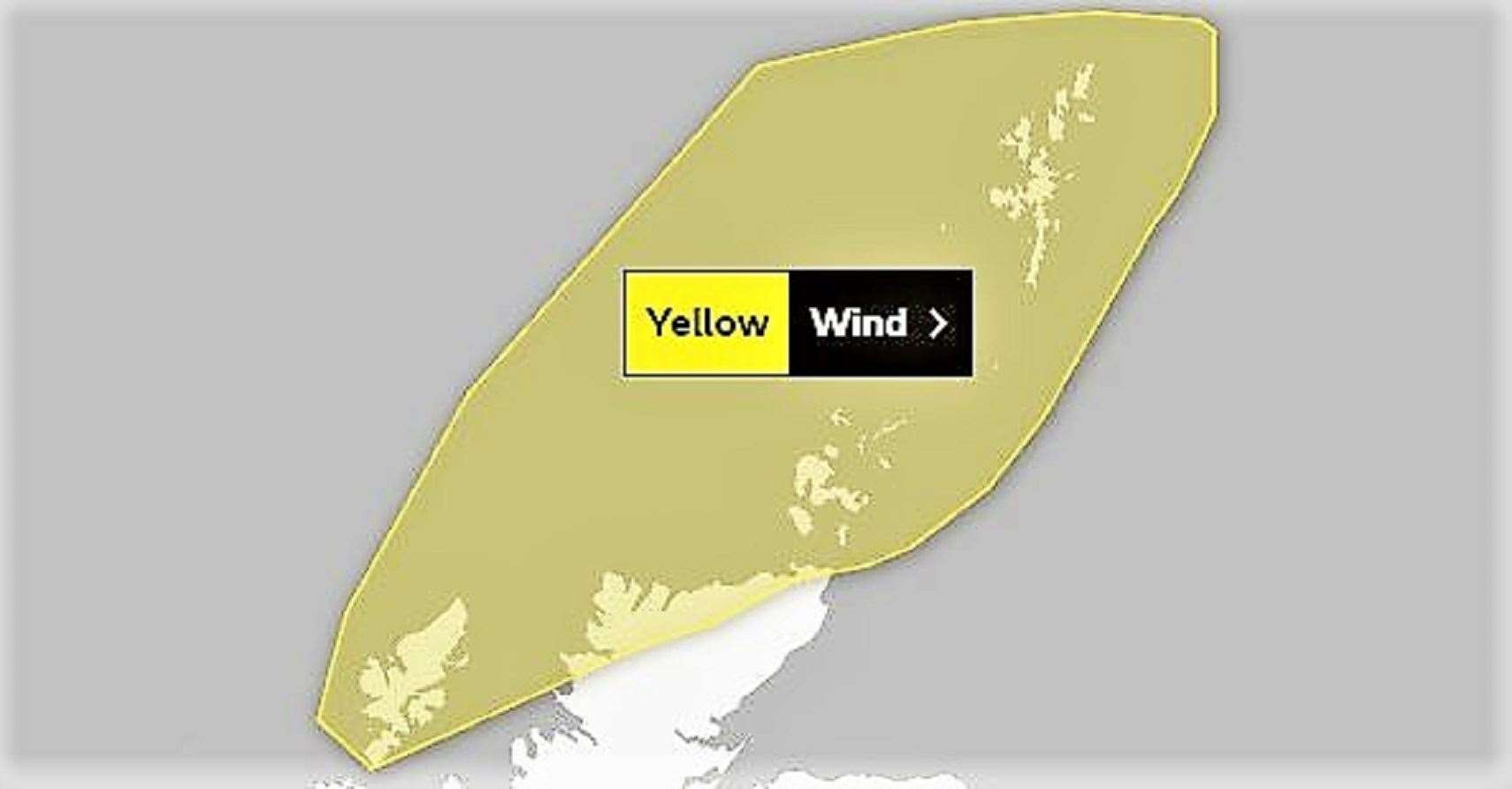 Met Office map with Yellow Warning of winds affecting the north coast of Caithness.