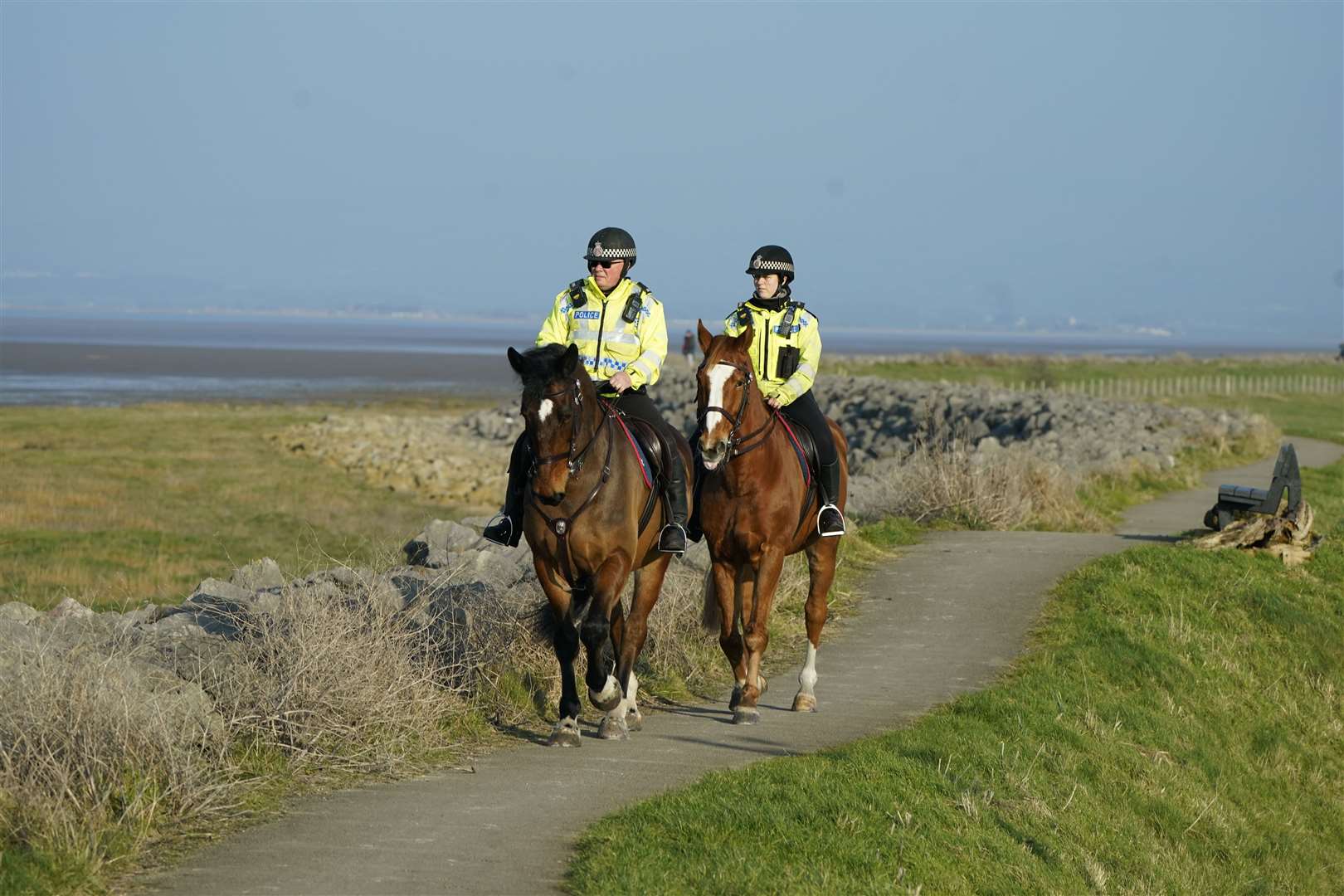 Mounted police in Knott End-on-Sea (Danny Lawson/PA)