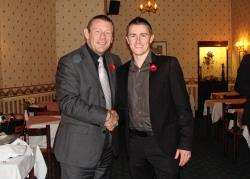 Academy’s Gary Manson (right) and Andy Goram chatting during a break after the sportsmen’s dinner in the Mackays Hotel.