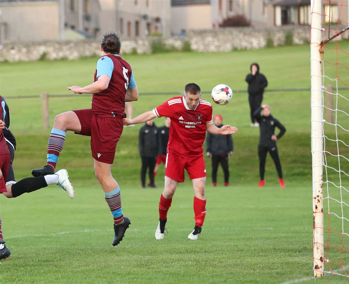 Wick Groats' John Budge heads the ball in from a corner to make it 1-1 in the top-of-the-table clash. Picture: James Gunn