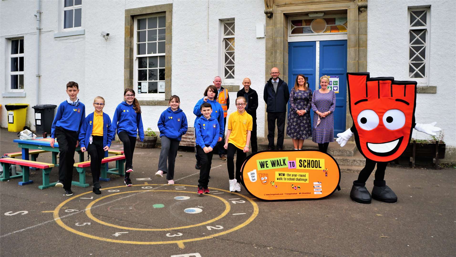 Seven junior road safety officers from Miller Academy primary school with mascot Strider and at rear from left, Ian Graham, road safety team at Highland Council; Chris Thompson from the WOW campaign; local councillor Matthew Reiss; deputy head Carola Unger; and head teacher Jacqui Budge. Pictures: DGS