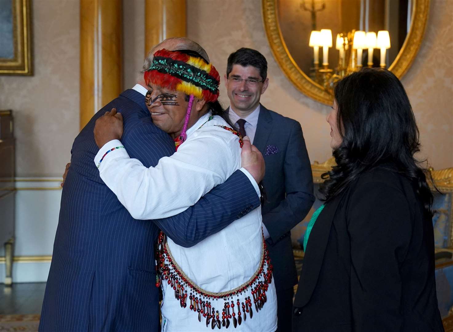 The King receives the indigenous elder Uyunkar Domingo Peas, spokesperson for the Sacred Headwaters of the Amazon, during an audience at Buckingham Palace (Gareth Fuller/PA)