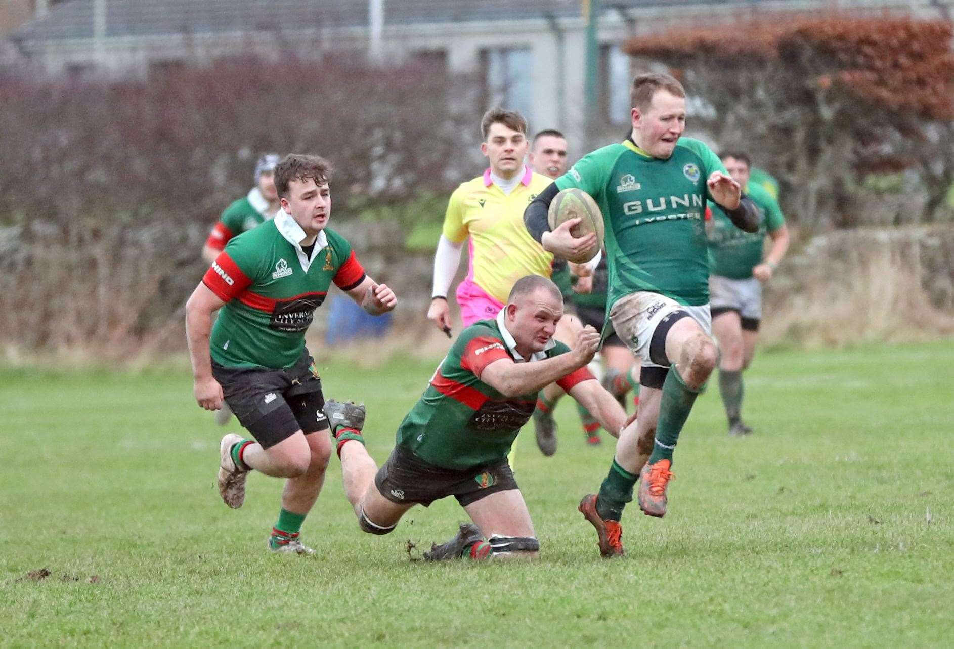 Dougie Webster breaks clear for the Greens during their only outing of 2024 so far, an 18-17 Caley 1 defeat at home to Highland 2nd XV. Picture: James Gunn