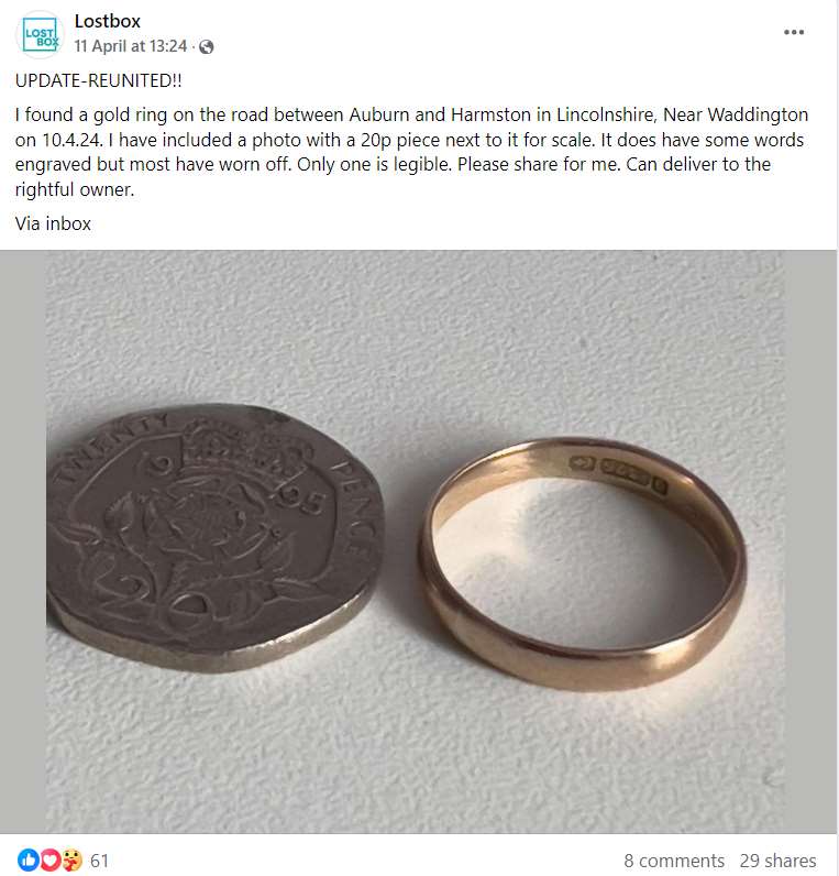 The Lostbox post about the ring (Lostbox/PA)