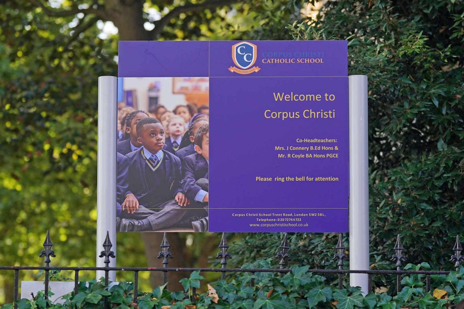 A Corpus Christi Catholic School sign had been installed at St Martin’s-in-the-Field Girls School for the relocation (Yui Mok/PA)