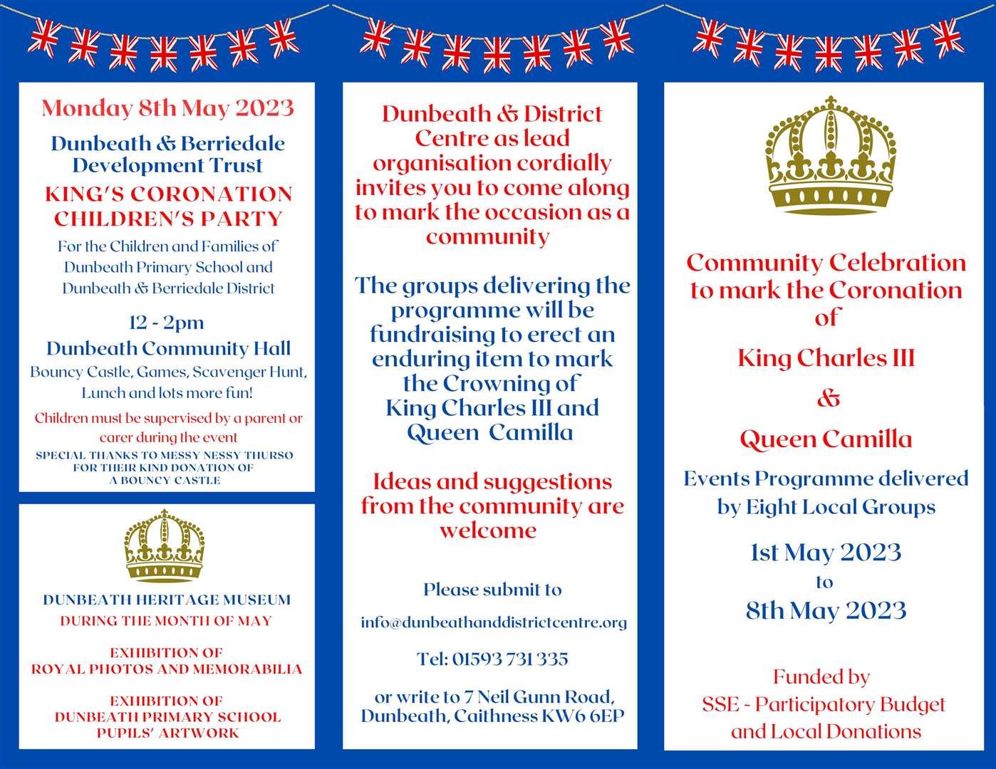 Leaflet for the programme of coronation events in Dunbeath and Berriedale (page 1).