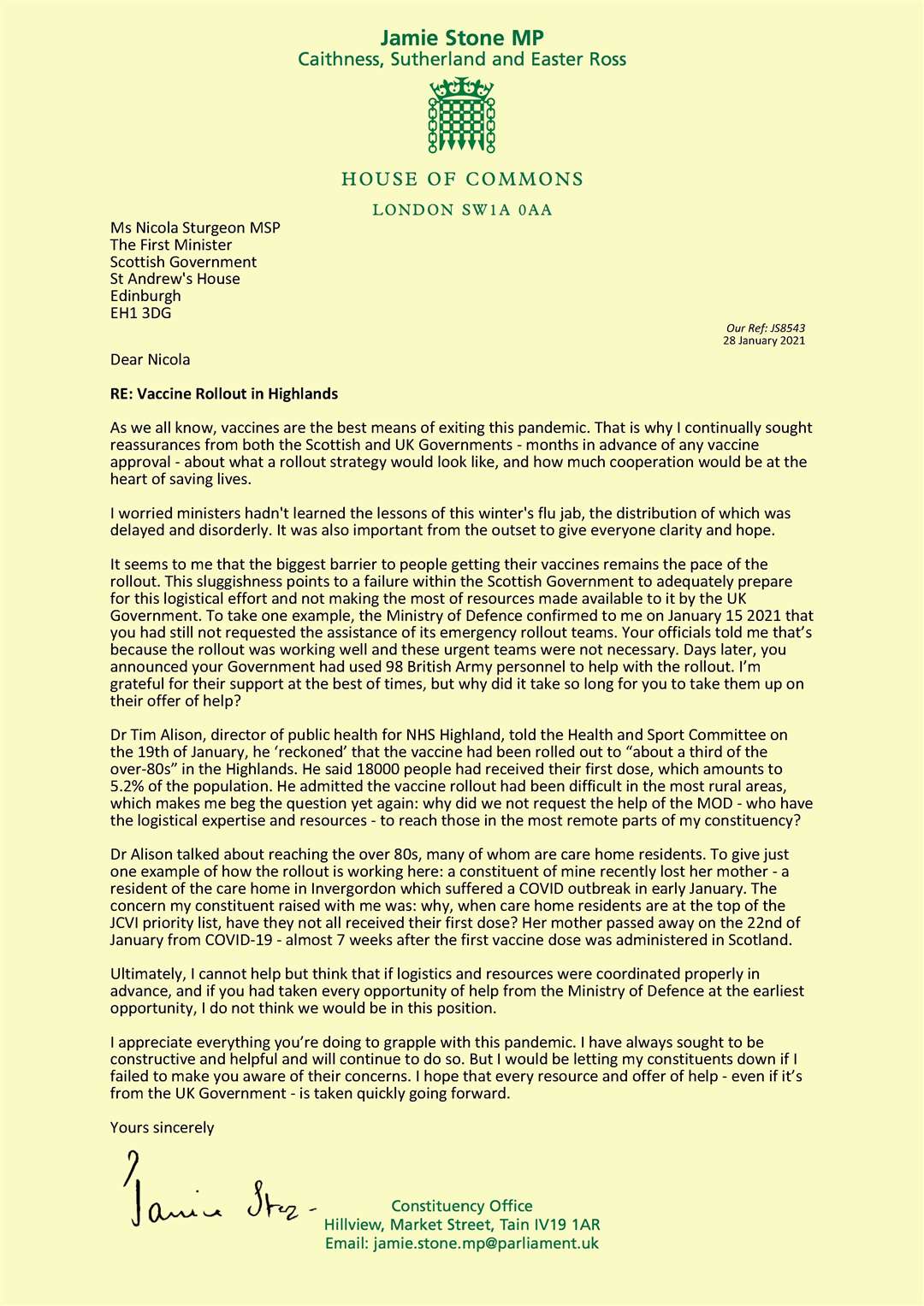 MP Jamie Stone's letter to First Minister Nicola Sturgeon on the rollout of vaccines in the Highlands.