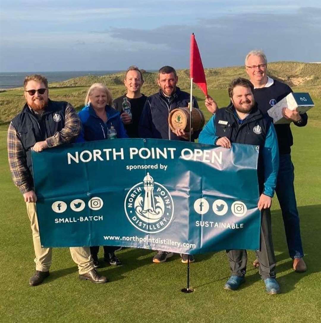Prize-winners in Reay Golf Club's recent North Point Distillery Open – Pauline Craig, Andy Bain, Dougie Thorburn and David A Craig – with North Point Distillery co-founders Alex MacDonald and Struan Mackie.