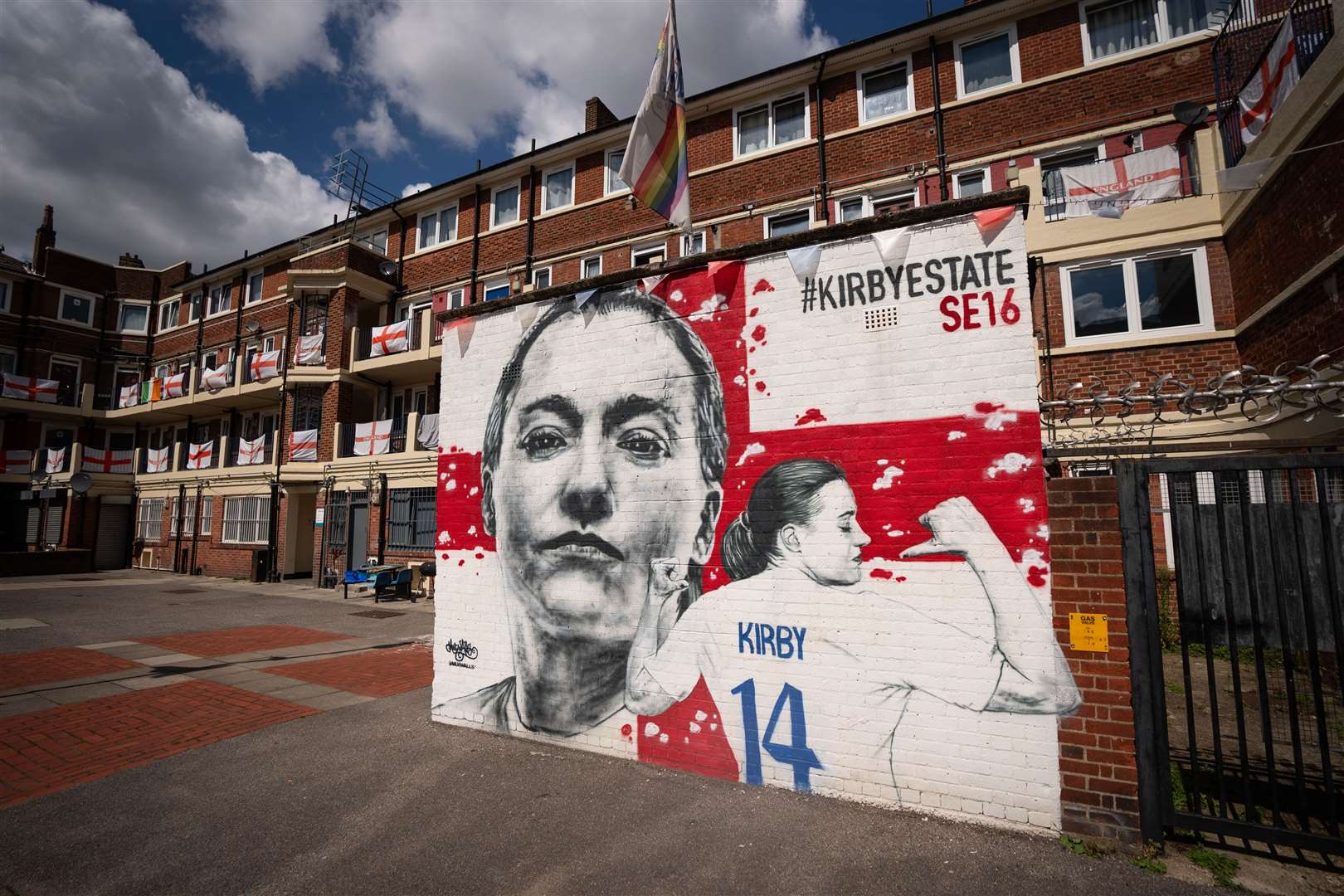 England flags and a mural of England’s Fran Kirby on Kirby Estate in London (James Manning/PA)