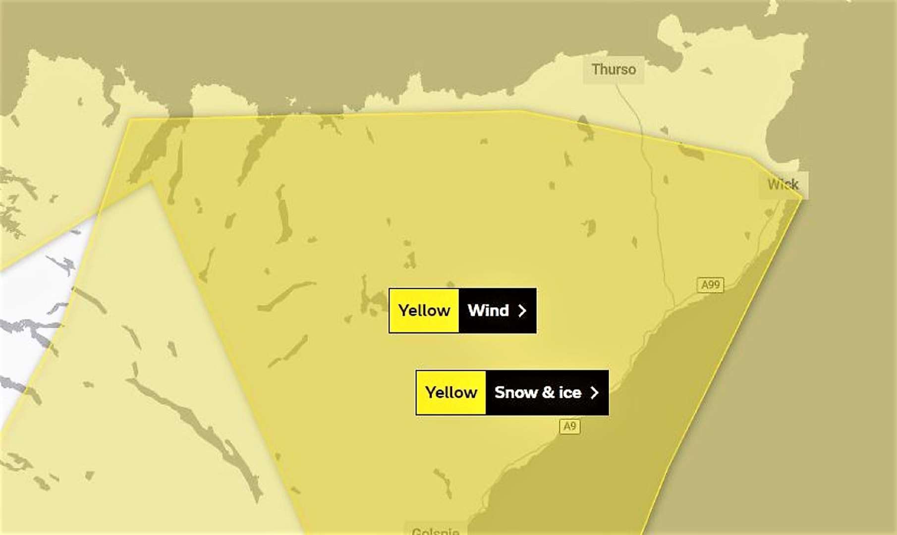 The Met Office issued yellow warnings about strengthening winds as well as snow and ice affecting Caithness on Tuesday.