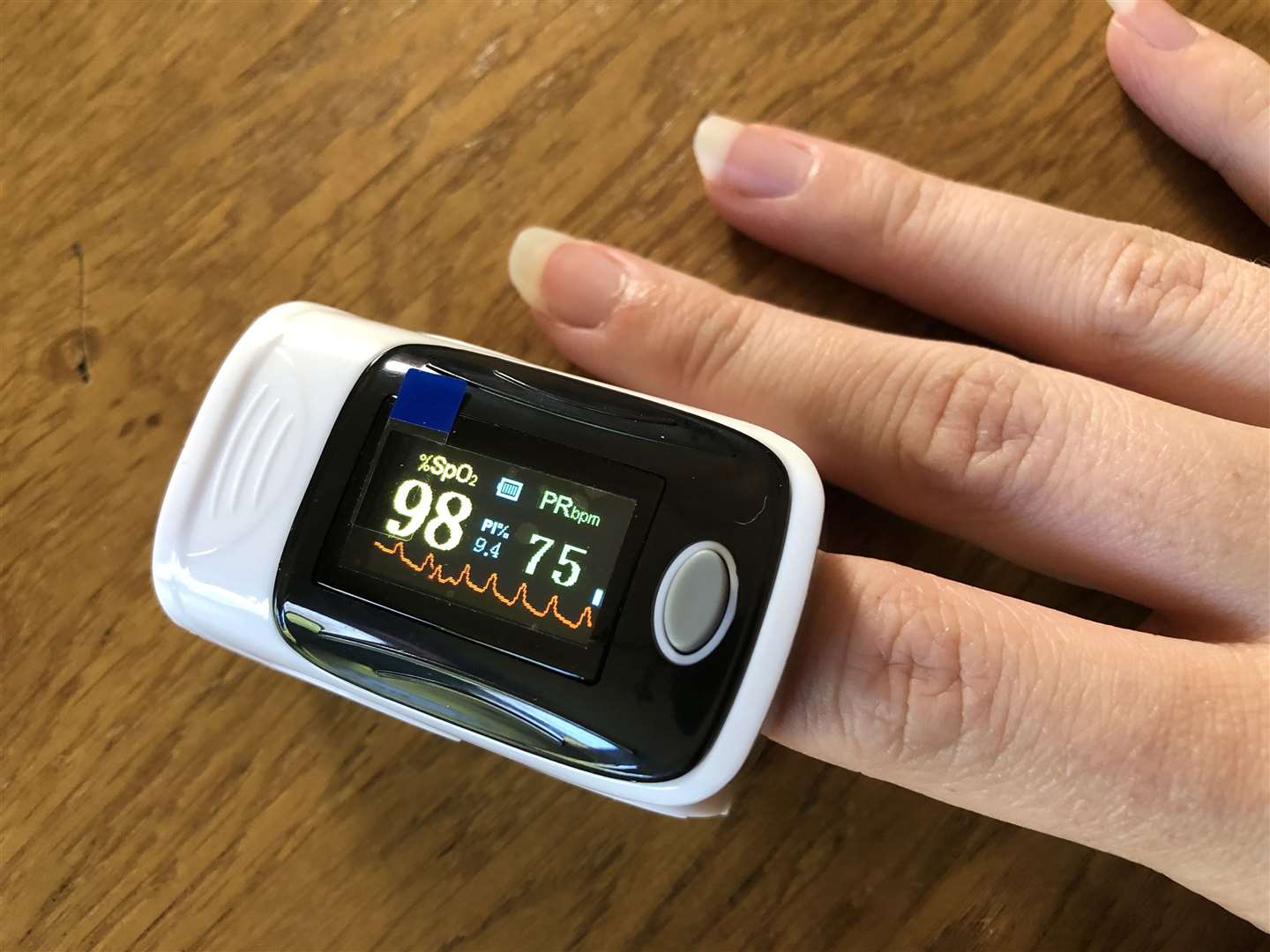 A pulse oximeter which is placed on the finger to monitor the oxygen saturation in blood.
