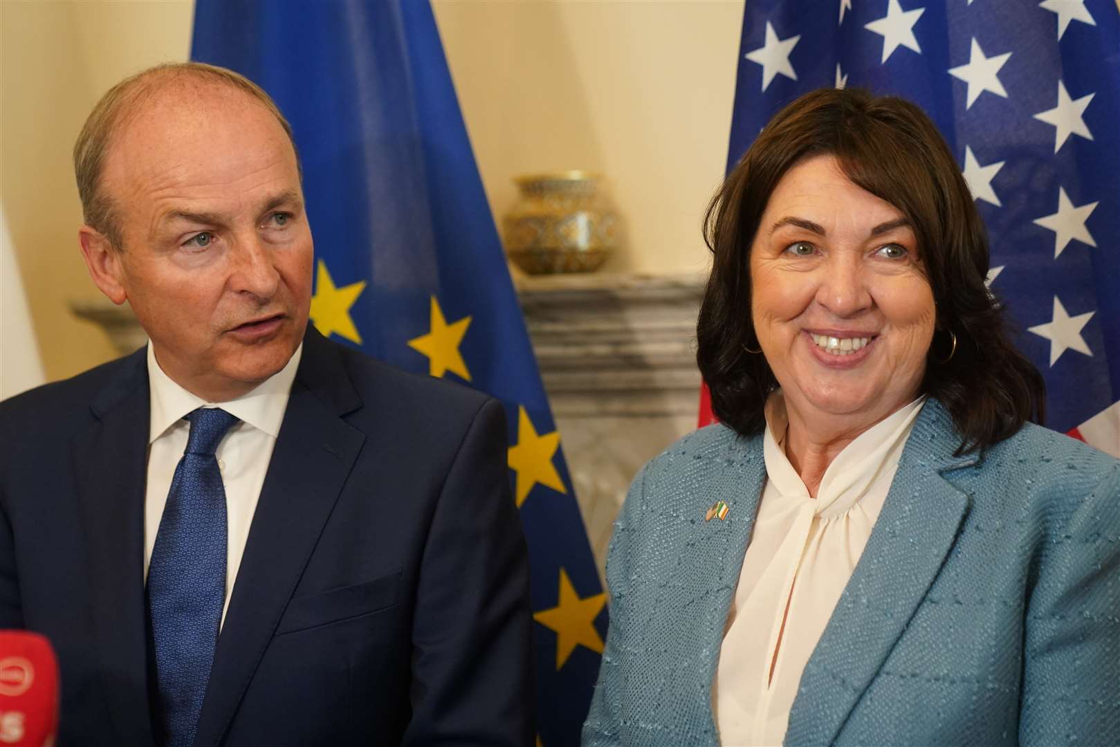 Tanaiste Micheal Martin and the US ambassador to Ireland, Claire Cronin, during a press conference at the Department of Foreign Affairs in Dublin (Brian Lawless/PA)