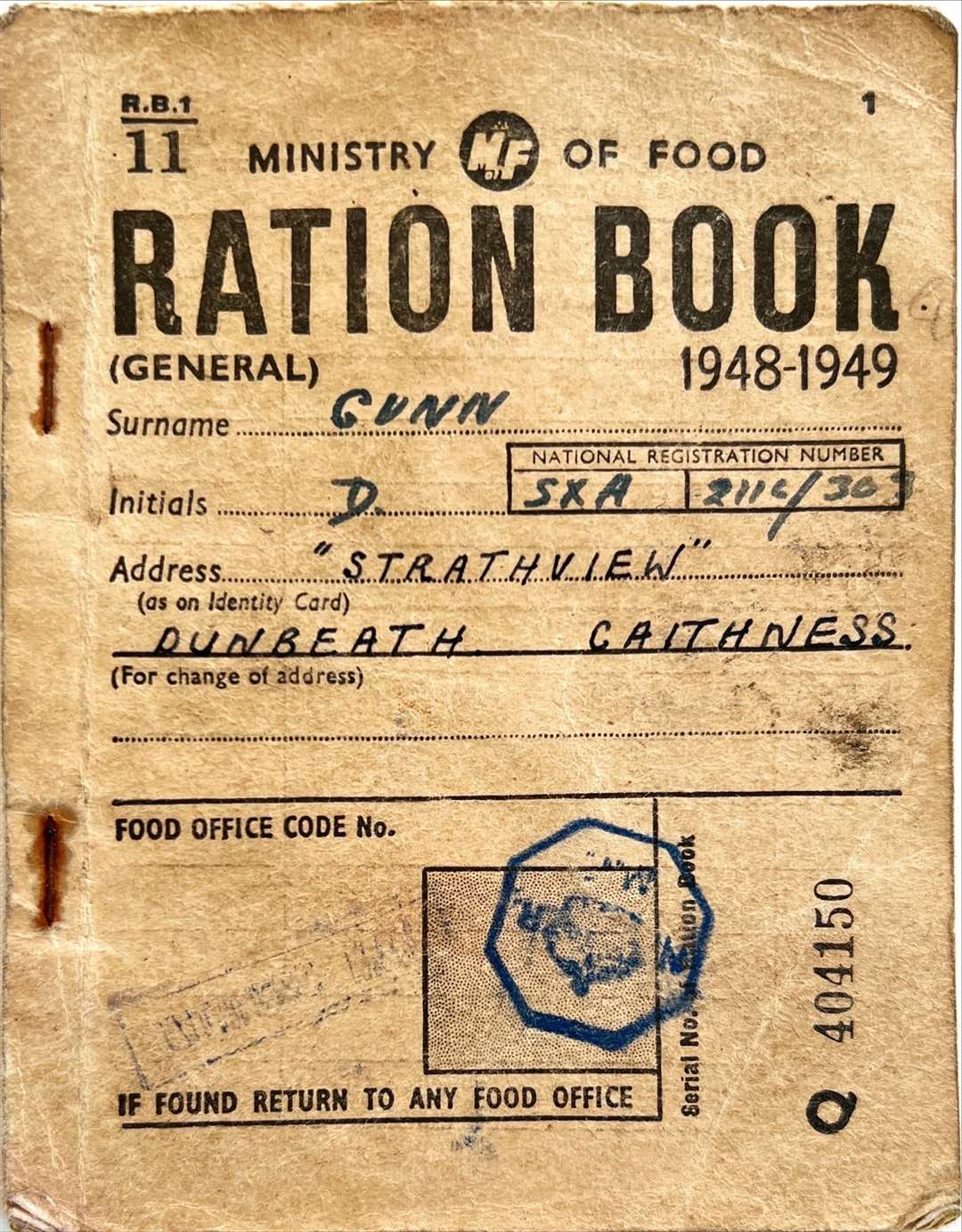 A ration book from a Dunbeath family.