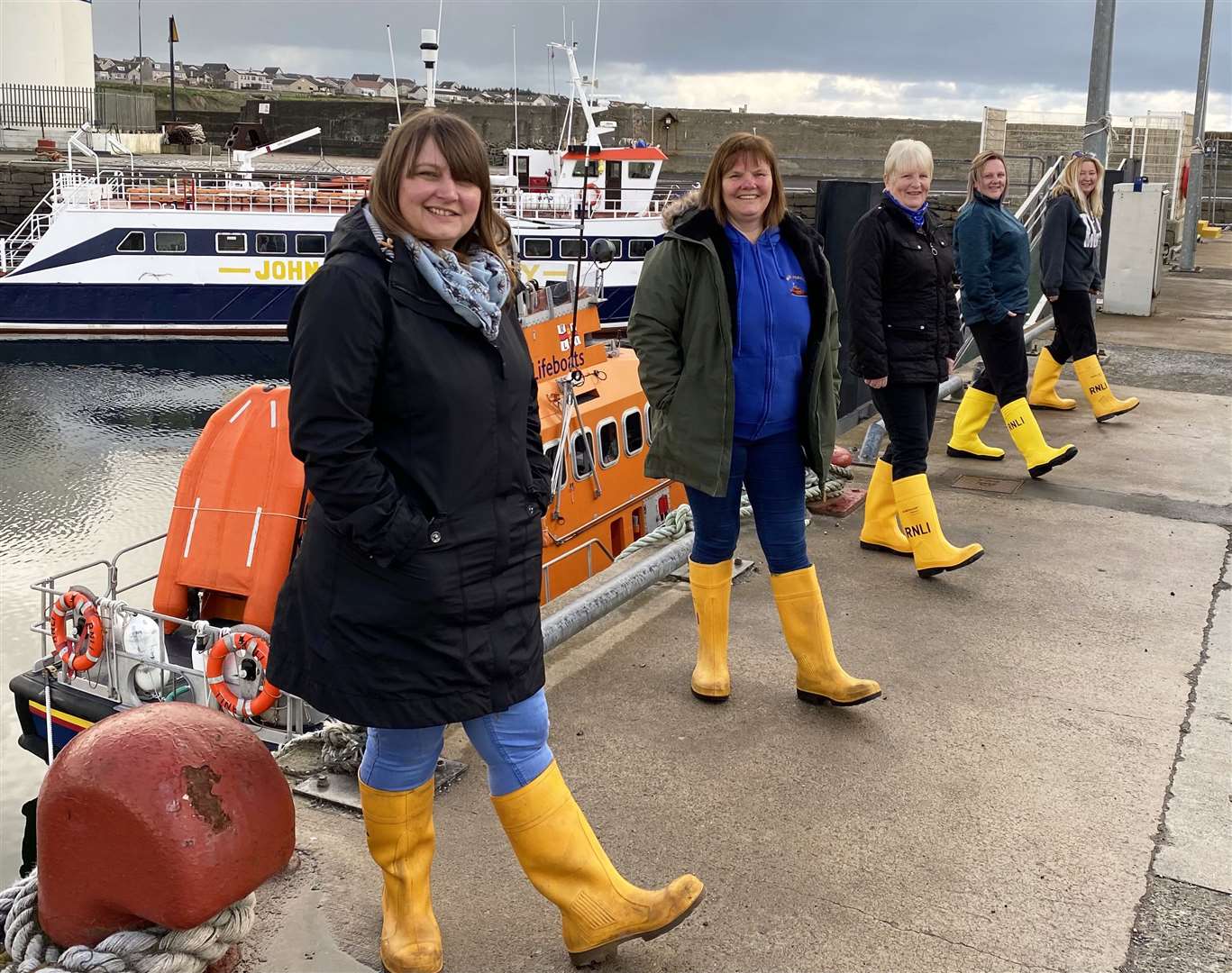 Some of the Wick RNLI fundraisers who are giving it some welly in the Mayday Mile challenge – (from left) Nicola Smith, Margaret Cormack, Dorothy Smith, Lynn Smith and Davina Lyall.