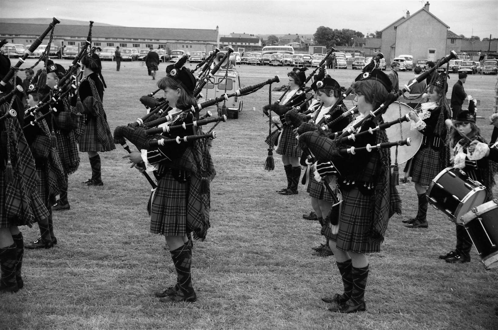 Members of Wick Girls' Pipe Band playing at Halkirk, possibly in the late 1960s. Jack Selby Collection / Thurso Heritage Society