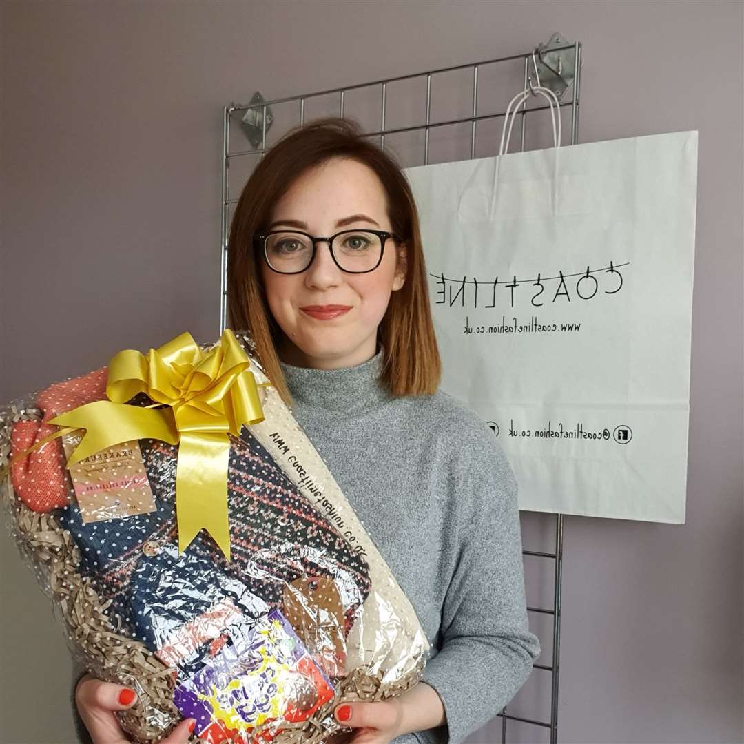 Lesley-Ann Sutherland of Coastline with the hamper she raffled off for the Caithness Foodbank.